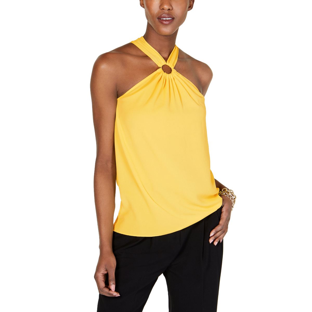 MICHAEL KORS NEW Women's Yellow Front Keyhole Halter Blouse Shirt Top S  TEDO | eBay