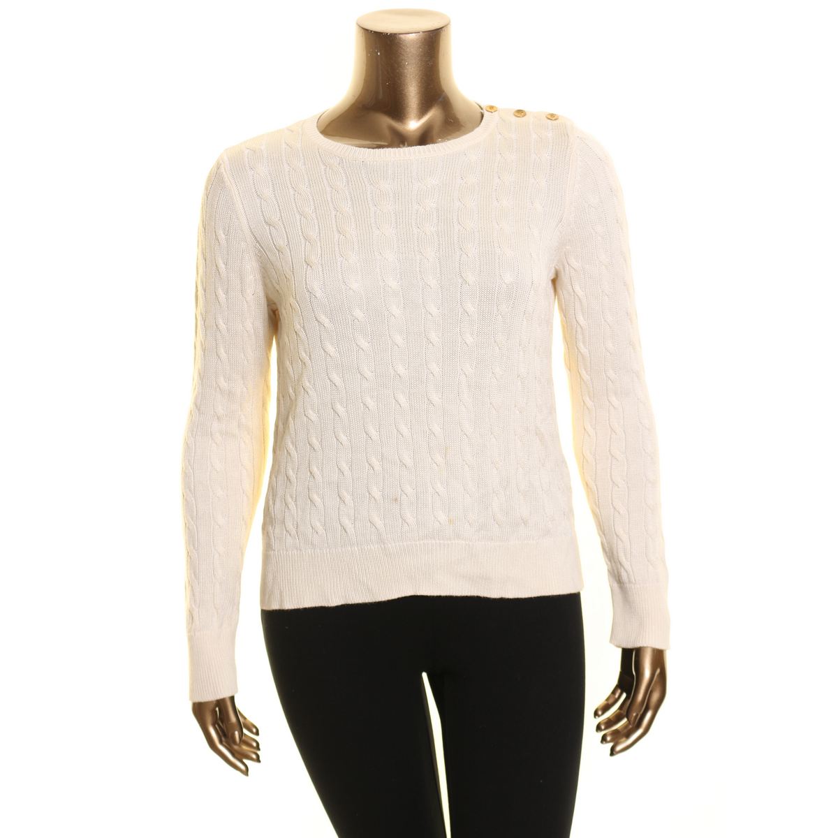 LAUREN RALPH LAUREN Women's Button-trim Cable Knit Crewneck Sweater Top L  TEDO | eBay